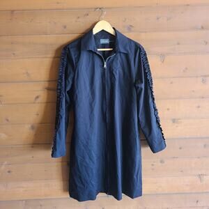 Diomi Black Ruffle Sleeve Zip Front Long Jacket Medium Collared Long Sleeve Coat
